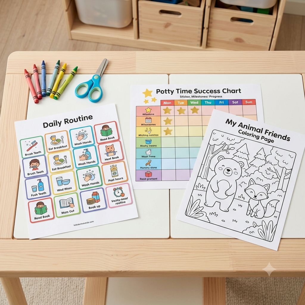Complete printable parenting toolkit showing visual schedule cards, potty charts, and toddler coloring sheets