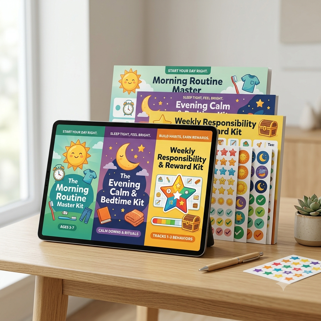Instant digital download parenting bundle displayed on tablet with printed home activity sheets