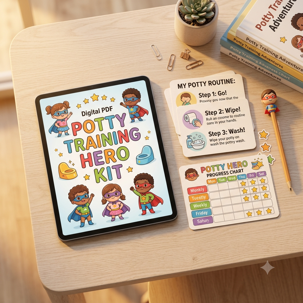 Instant digital download potty training printable kit displayed on tablet and printed paper