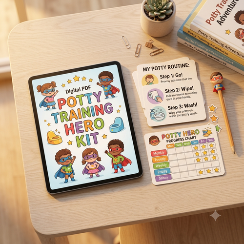 Instant digital download potty training printable kit displayed on tablet and printed paper