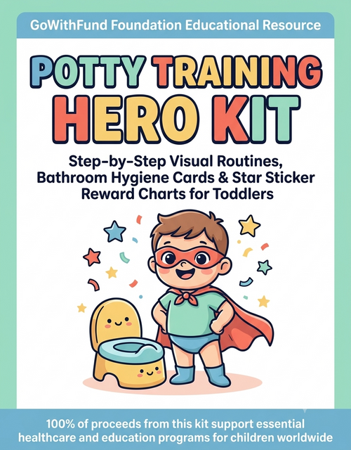 Promotional graphic for the 'Potty Training Hero Kit' by GoWithFund Foundation Educational Resource. The graphic features a cartoon illustration of a young boy dressed as a superhero standing next to a yellow potty chair, with colorful text detailing the kit's contents: step-by-step visual routines, bathroom hygiene cards, and star sticker reward charts.