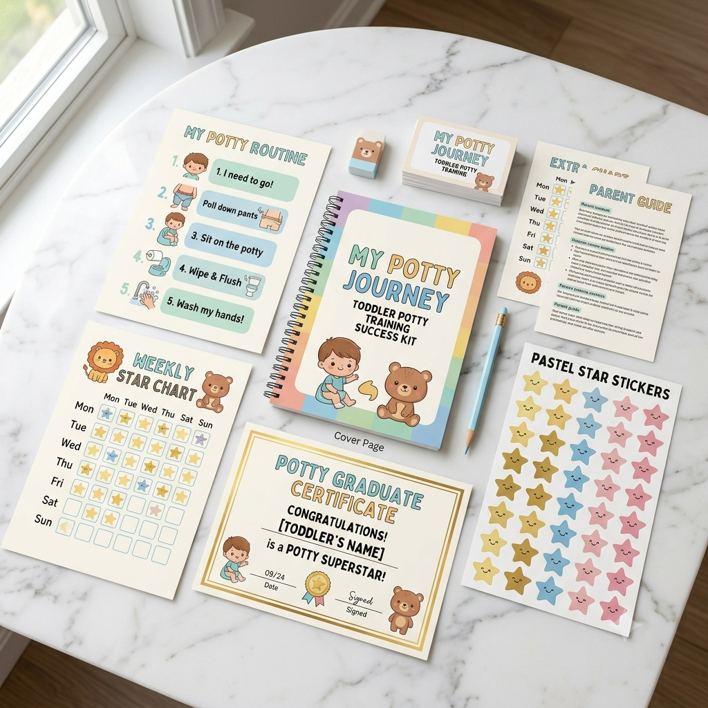 Potty training chart printable kit with visual bathroom routine cards and reward sticker charts by GoWithFund
