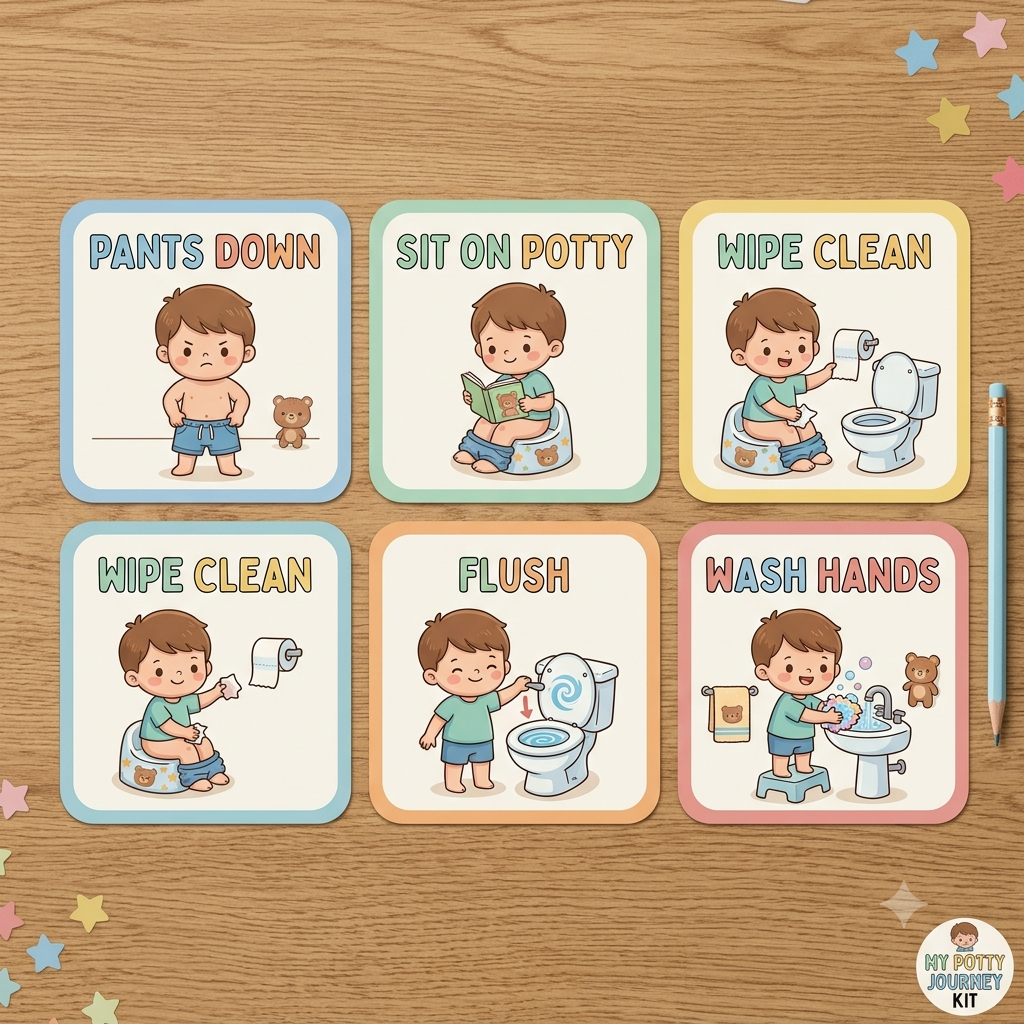 Printable visual schedule cards for toilet training showing step by step bathroom hygiene routine