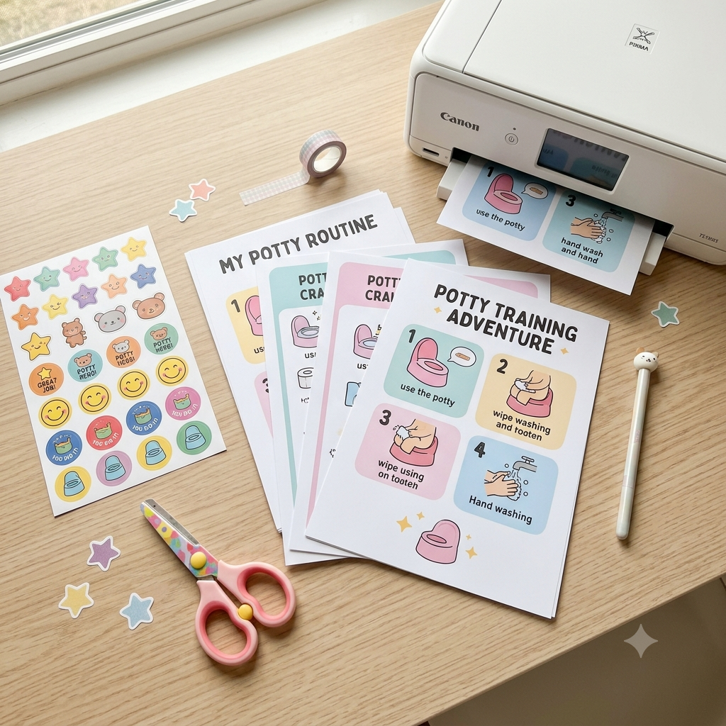Print at home potty training chart PDF download with reward stickers and scissors