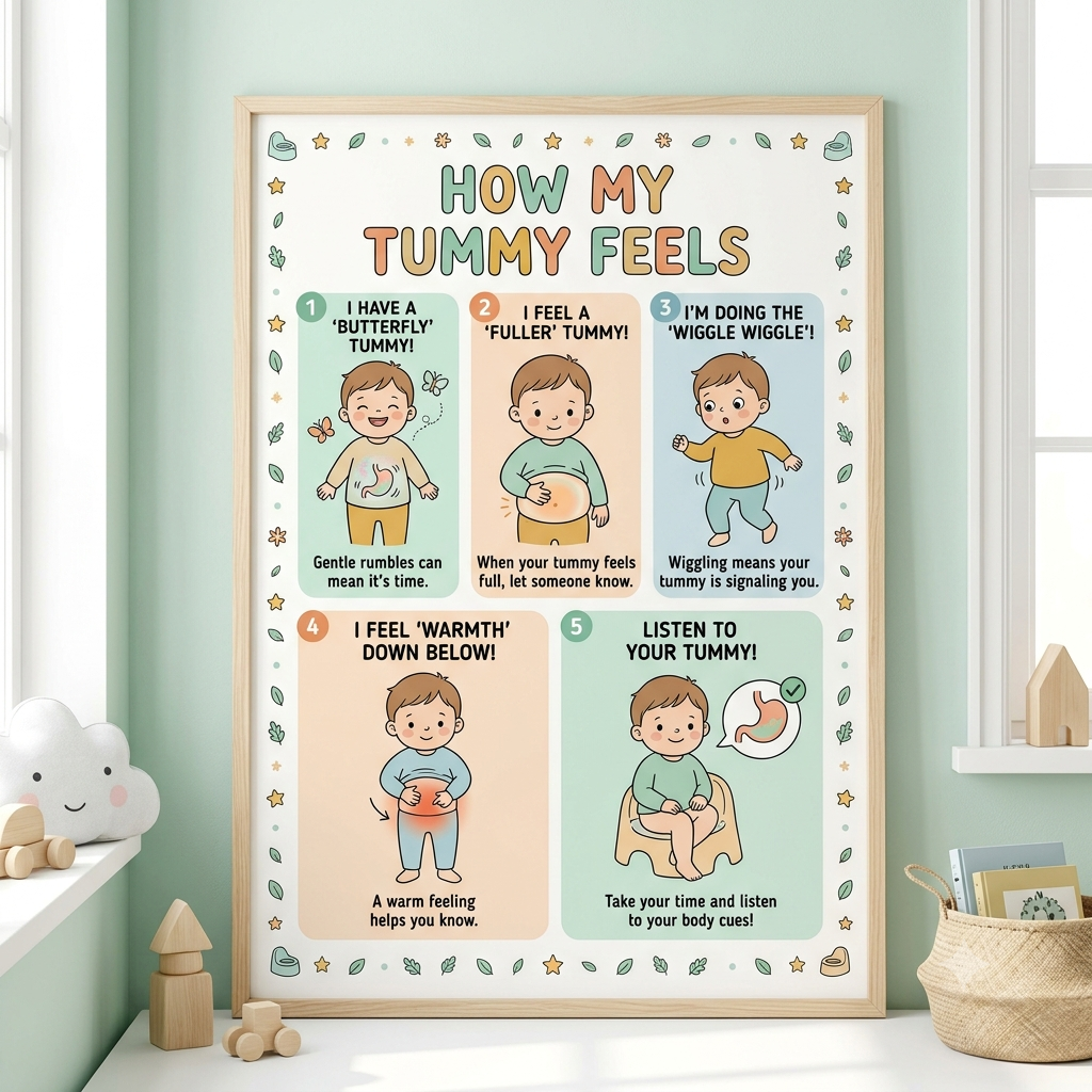 Toddler body cues and bathroom sensation visual poster for gentle potty training