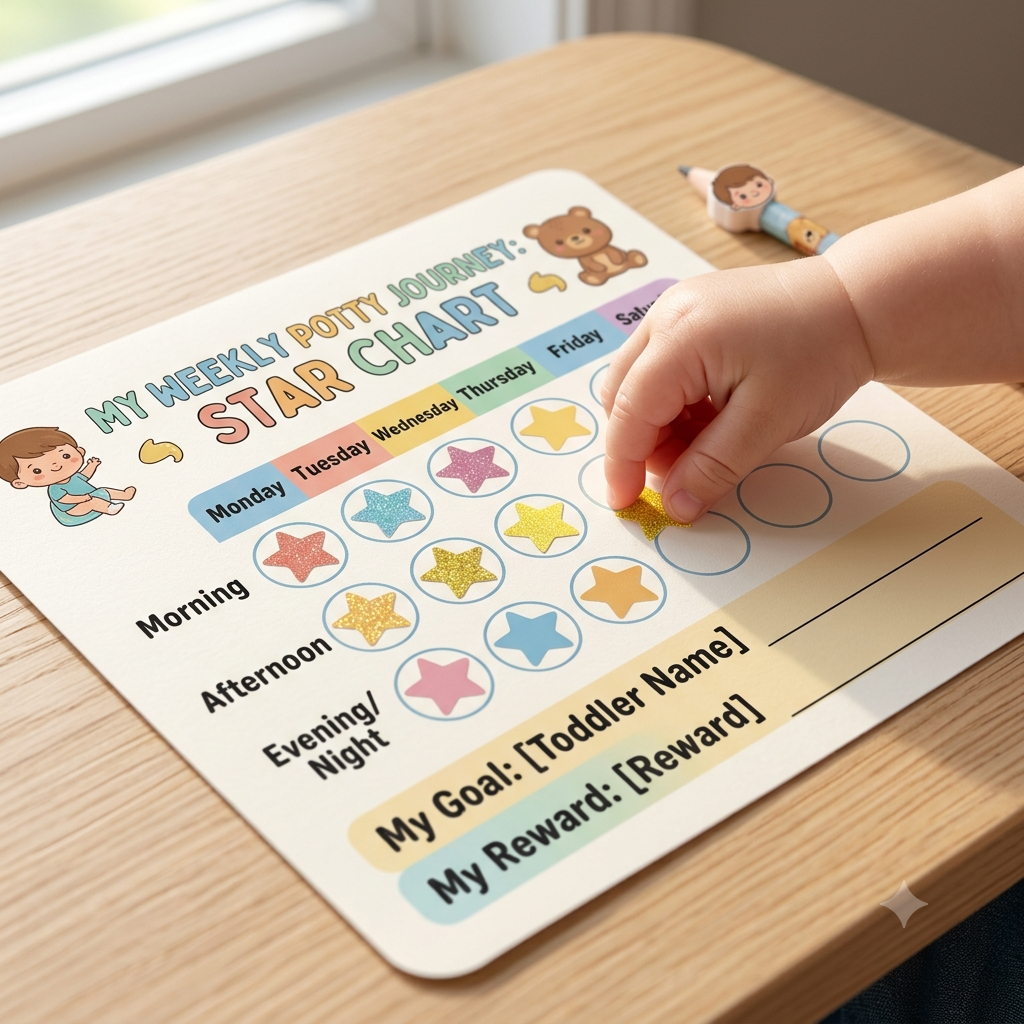 Toddler potty training sticker chart printable with colorful reward stars for daily bathroom success