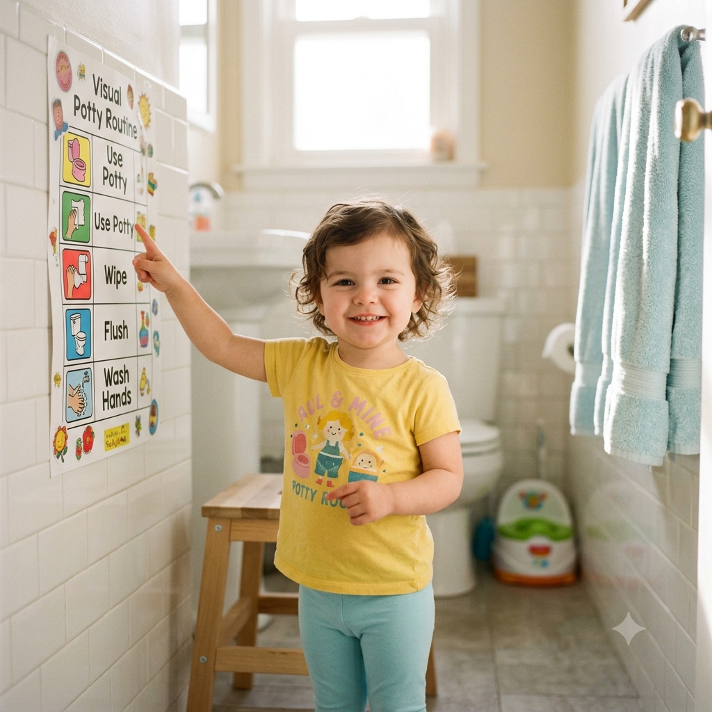 Toddler proudly using visual potty training routine chart for independent bathroom habits