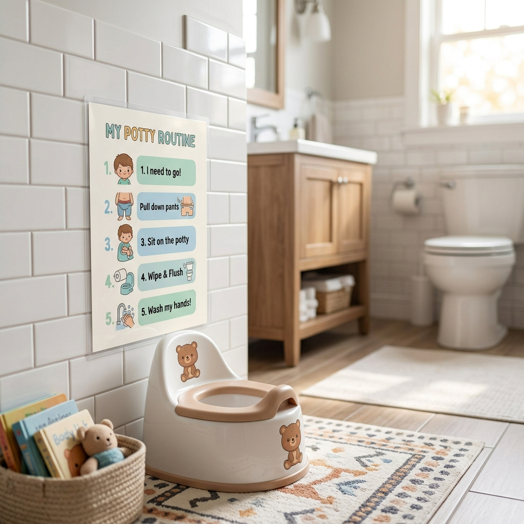 Visual toilet training chart printable hanging on bathroom wall next to toddler potty